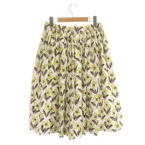 PRADA コットン 花柄 フレアスカート ロング ミモレ丈 ギャザー 40 白 ホワイト マルチカラー