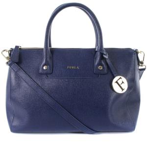 LINDA ショルダーバッグ ハンドバッグ 2way レザー ロゴ 紺 ネイビー