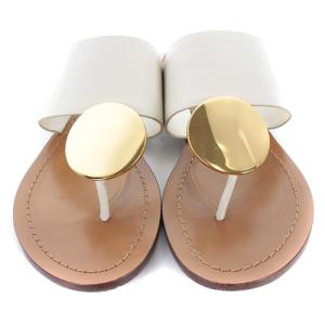 TORY BURCH サンダル トング レザー メタルプレート レザー フラット 7M 24cm ホワイト ブラウン