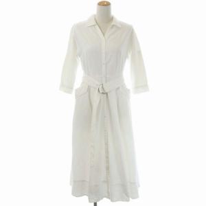 21SS コットンレースシャツワンピース 七分袖 ロング フレア ベルト付き 36 白 ホワイト