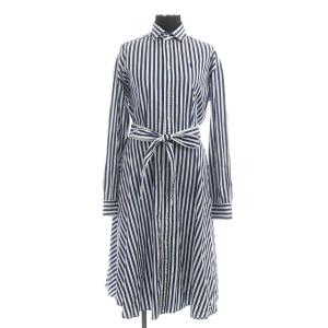 ブルーストライプシャツワンピース ロング 前開き 長袖 リボンベルト付き 0 ネイビー ホワイト