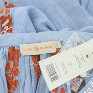 TORY BURCH 刺繍 ビーズ ブラウス プルオーバー 七分袖 2 水色 白 オレンジ ライトブルー ホワイト
