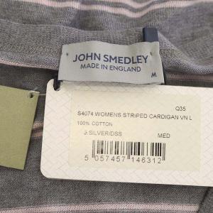 JOHN SMEDLEY ボーダー カーディガン Vネック コットン 薄手 長袖 M グレー ライトピンク