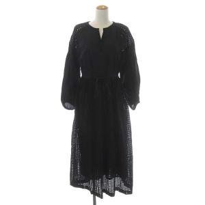 ボーダーカットワークワンピース フレア ロング 長袖 コットン 36 ブラック