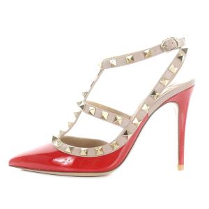 VALENTINO GARAVANI サンダル ハイヒール ロックスタッズ ストラップ レザー 35.5 ベージュ レッド