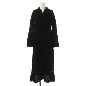 クロシェ調ニットワンピース 長袖 セミフレア インナー付き 38 ブラック