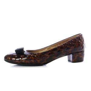 Salvatore Ferragamo パンプス チャンキーヒール ヴァラ リボンモチーフ レオパード ヒョウ柄 エナメル 8 ブラウン
