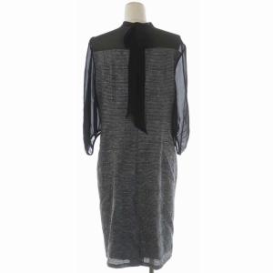 LANVIN コレクション シアースリーブ切り替え ワンピース タイト ミモレ丈 バックリボン 九分袖 シルク ウール混 40 グレー 黒