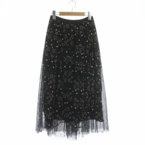 スタームーンチュールスカート ロング フレア タック 刺繍 36 ブラック シャンパンゴールド