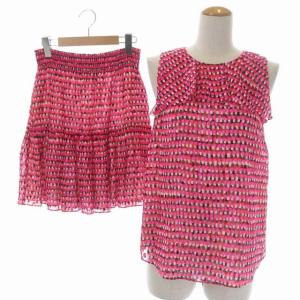 セットアップ 総柄ノースリーブブラウス プルオーバー フレアスカート ミニ ティアード XS ピンク 黒 白 ブラック ホワイト