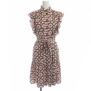 フレンチスリーブ総柄ボウタイワンピース 膝丈 半袖 ギャザー 前開き XS マルチカラー