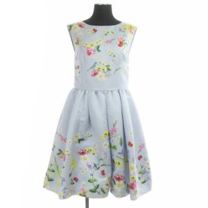 ノースリーブワンピース フレア ギャザー ひざ丈 花柄 ラウンドネック 0 水色 ライトブルー マルチカラー