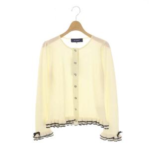 カーディガン ニット 花ボタン フリル ウール 38 ホワイト