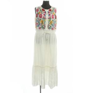 22SS ドビー刺繍ロングワンピース フレア ロング レース 花柄 ノースリーブ 36 オフホワイト マルチカラー