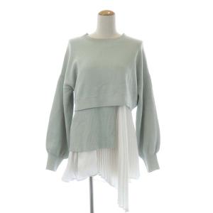 ヘムプリーツニット カットソー 長袖 クルーネック 36 ライトブルー 白 ホワイト