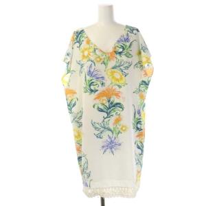 フラワープリントワンピース フレンチスリーブ ストレート ミニ Vネック 38 白 ホワイト マルチカラー