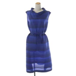 ISSEY MIYAKE ワンピース 横プリーツ Aライン ハイネック ボーダー ベルトリボン