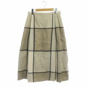 ウィンドウペンチェック裾フリンジスカート フレア ロング リネン 40 ベージュ ブラック
