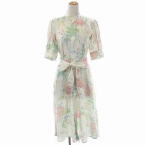 フラワープリント パフスリーブワンピース 五分袖 ロング セミフレア リボンベルト付き 00 マルチカラー