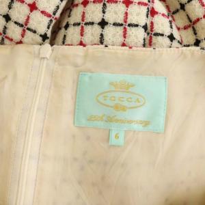 TOCCA 25周年 TATTERSALL ドレス ワンピース ノースリーブ ミモレ丈 フレア タック 総柄 6 ライトベージュ 赤 黒