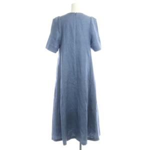 ebure 半袖 ワンピース リネン スキッパー  ロング タック フレア 36 青