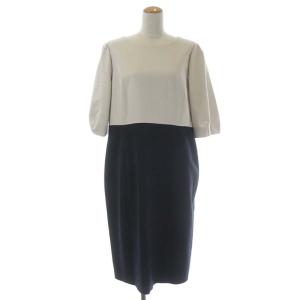 NEMIKAby ワンピース バイカラー コクーン ロング 七分袖 クルーネック ネイビー ベージュ