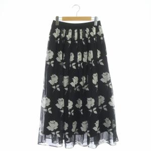 22SS ローズプリントオーガンスカート フレアスカート ロング 36 黒 白 ブラック ホワイト