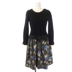 パヒューム リップ プリント ドッキングワンピース 膝丈 長袖 ニット 切替 36 グレー ブラック ブルー
