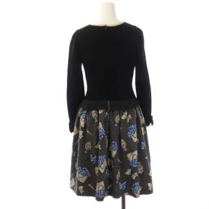 M'S GRACY パヒューム リップ プリント ドッキングワンピース 膝丈 長袖 ニット 切替 36 グレー ブラック ブルー