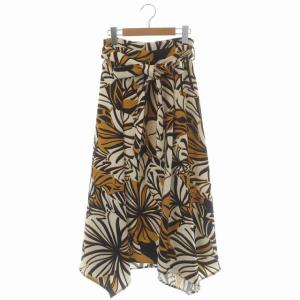 イレギュラーヘムスカート ロング フレア タック 総柄 リボンベルト付き 38 ライトベージュ