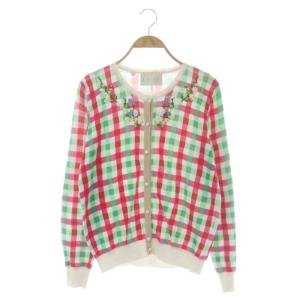 20年製 カーディガン ニット フラワーチェック 長袖 F ホワイト グリーン レッド