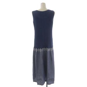PLEATS PLEASE ISSEY MIYAKE イッセイミヤケ 切替刺繍プリーツワンピース ロング ノースリーブ フレア 3 ネイビー ホワイト