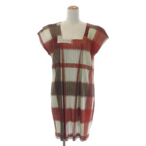 PLEATS PLEASE ISSEY MIYAKE イッセイミヤケ ミニワンピース プリーツ ブロックチェック  膝丈 4 レッド ブラウン ホワイト