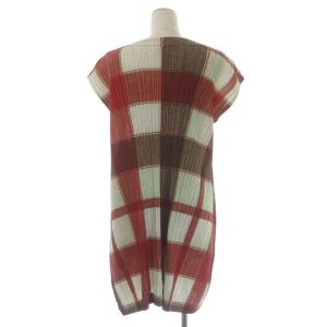 PLEATS PLEASE ISSEY MIYAKE イッセイミヤケ ミニワンピース プリーツ ブロックチェック  膝丈 4 レッド ブラウン ホワイト