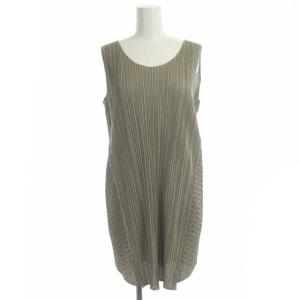 イッセイミヤケ プリーツストライプチュニックワンピース ノースリーブ ミニ 4 グレージュ 白 ホワイト