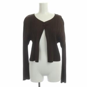 イッセイミヤケ プリーツノーカラーカーディガン 長袖 クロップド丈 4 茶 ブラウン