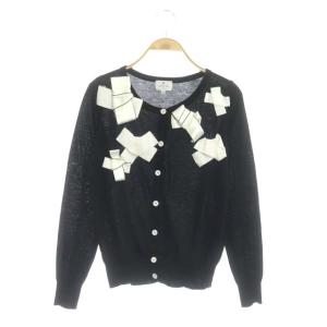 リボン長袖カーディガン ニット クルーネック 丸首 38 黒 白 ブラック ホワイト