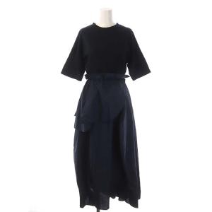 20AW タックドレープドレス ワンピース 半袖 切替 ソフト天竺 フレア ロング クルーネック 36 ネイビー