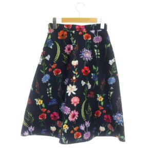 ANAYI フラワープリント フレア スカート ロング 36 ネイビー マルチカラー