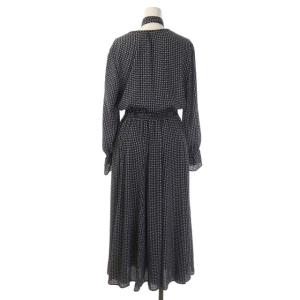 ANAYI 21SS モノトーンプリントフレアワンピース 総柄 ボウタイ ロング 長袖 38 ダークネイビー