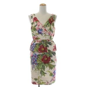 花柄 フリル ノースリーブ ワンピース Vネック 膝丈 タイト 36 ライトベージュ マルチカラー