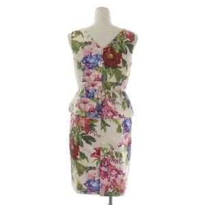 GRACE CONTINENTAL 花柄 フリル ノースリーブ ワンピース Vネック 膝丈 タイト 36 ライトベージュ マルチカラー