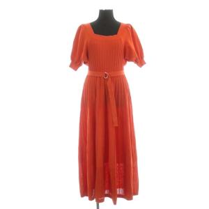 21SS パフプリーツワンピース スクエアネック 五分袖 ロング フレア プルオーバー ベルト付き 36 オレンジ