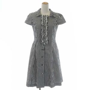 ワンピース フレア 膝丈 フレンチスリーブ ギンガムチェック フリル レース 38 黒 ブラック 白 ホワイト