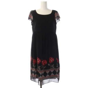 ローズ シフォン ワンピース ひざ丈 半袖 38 黒 赤 グレー ブラック レッド