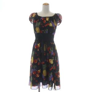 フルーツ シフォン ワンピース 半袖 ミモレ丈 フレア ギャザー リボンベルト付き 38 黒 マルチカラー