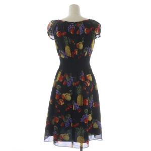 M'S GRACY フルーツ シフォン ワンピース 半袖 ミモレ丈 フレア ギャザー リボンベルト付き 38 黒 マルチカラー