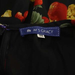 M'S GRACY フルーツ シフォン ワンピース 半袖 ミモレ丈 フレア ギャザー リボンベルト付き 38 黒 マルチカラー