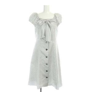 ドット ワンピース 膝丈 リボン ノースリーブ 38 白 黒 ホワイト ブラック