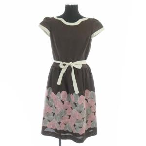 刺繍 ワンピース 膝丈 半袖 ベルト付き 36 茶 白 ピンク ブラウン ホワイト